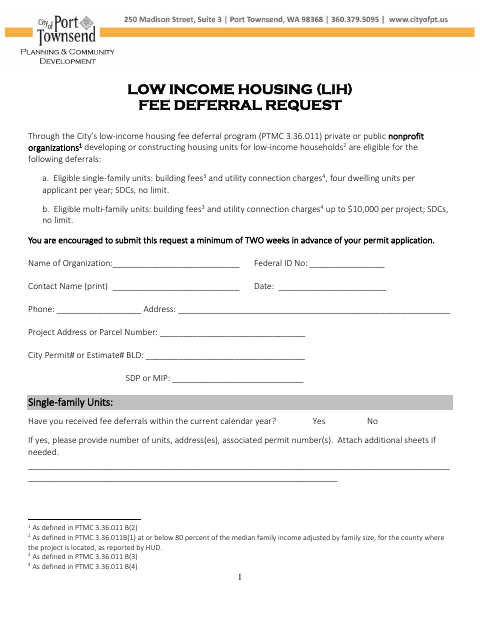 First page of the Low Income Housing Fee Deferral Request Application