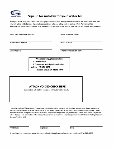 First page of the Water Bill Autopay Form
