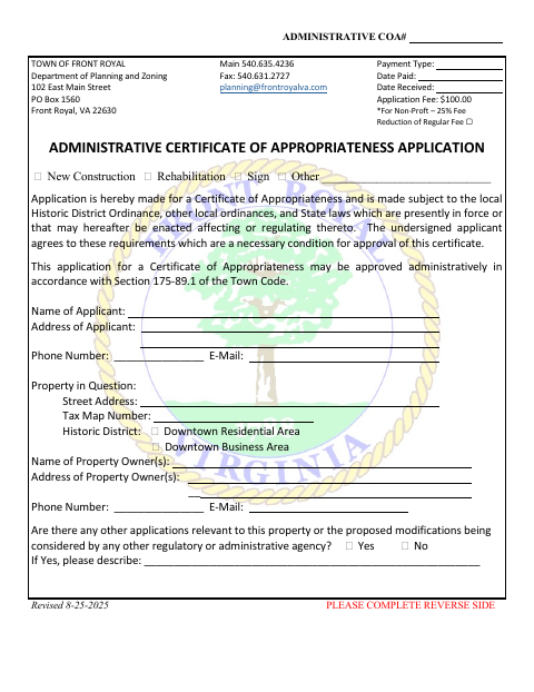 First page of the Administrative Certificate of Appropriateness Application