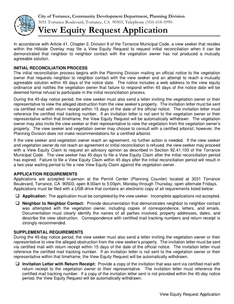 First page of the View Equity Request Application