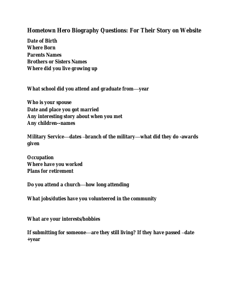 First page of the Hometown Hero Biography Questions