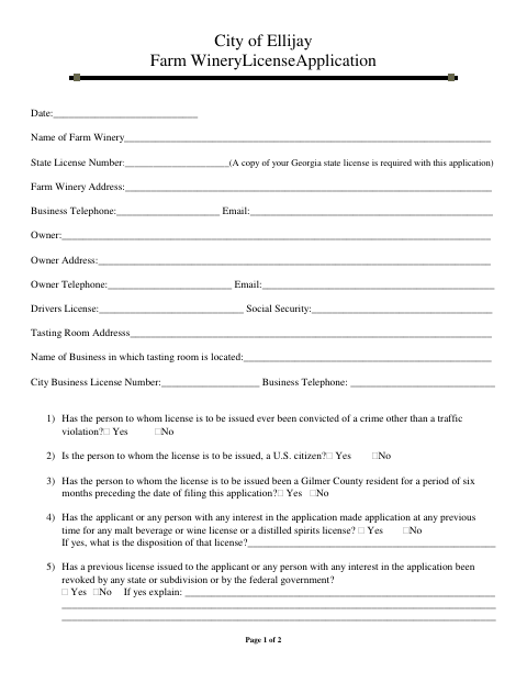 First page of the Farm Winery License Application