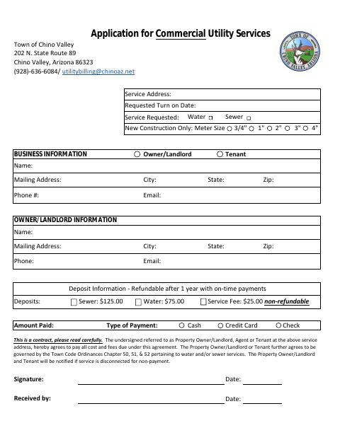 First page of the Application for Commercial Utility Services