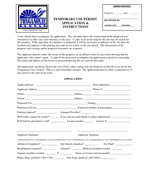 First page of the Temporary Use Permit Application
