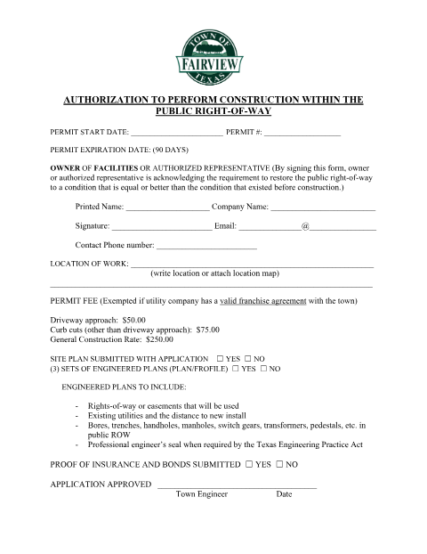 First page of the Right-of-Way Application (Authorization to Perform Construction)