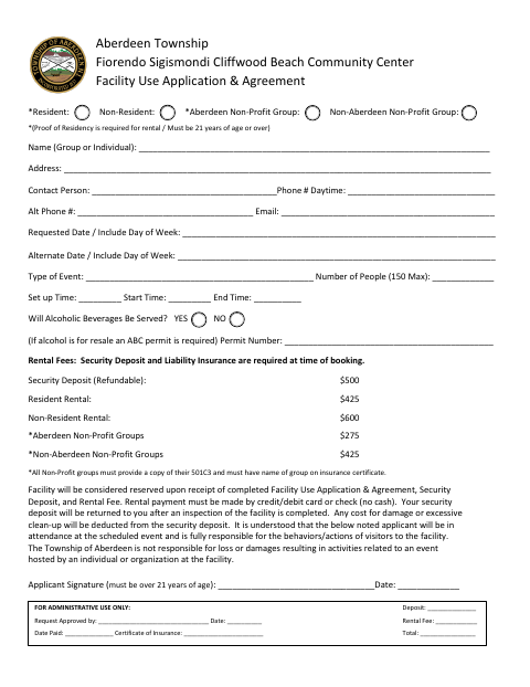 First page of the Facility Use Application and Agreement