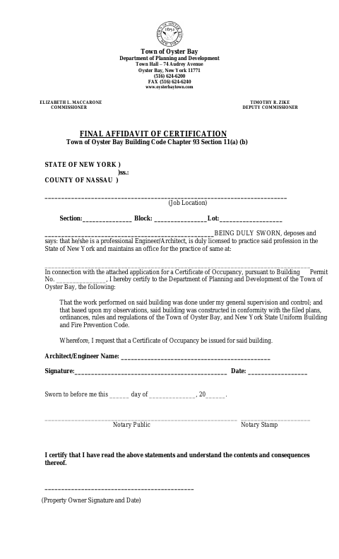 First page of the Final Affidavit of Certification