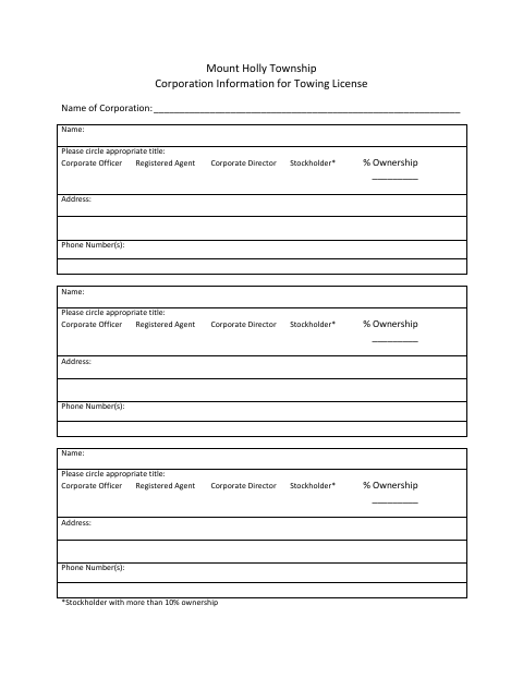 First page of the Corporation Information for Towing License