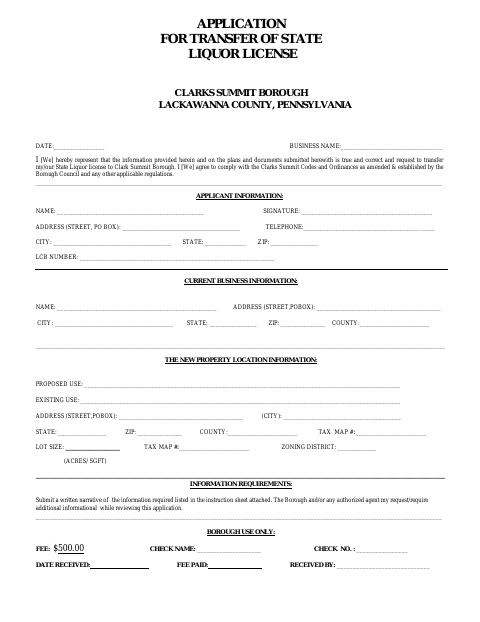 First page of the Application for Transfer of State Liquor License