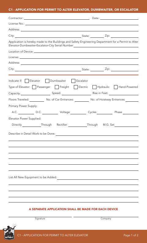 First page of the Application for Permit to Alter Elevator, Dumbwaiter, or Escalator