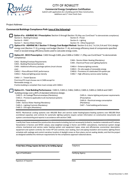 First page of the Commercial Energy Compliance Certification