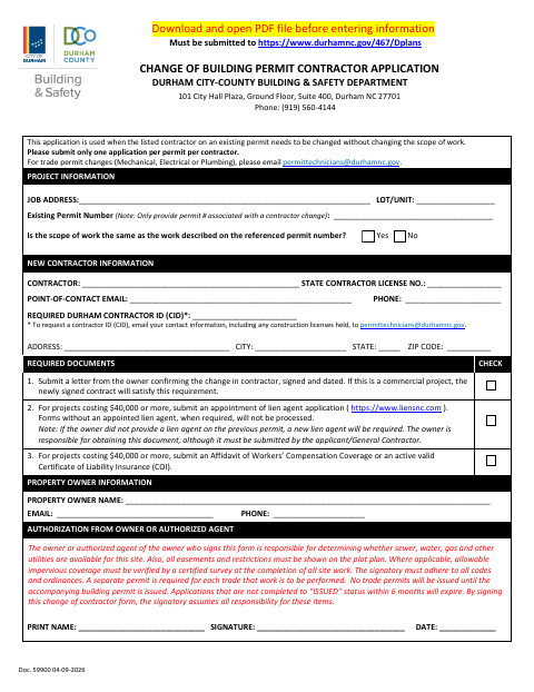 First page of the Change of Contractor Application