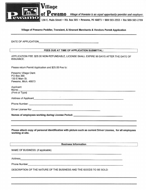 First page of the Peddler, Transient, and Itinerant Merchants and Vendors Permit Application