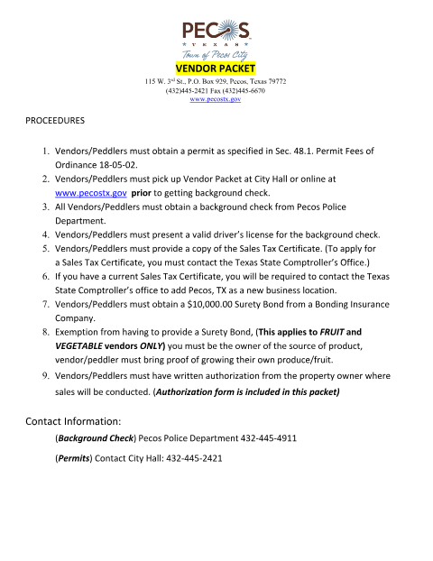 First page of the Vendor/Peddler Permit Application