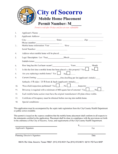 First page of the Mobile Home Placement Permit