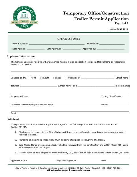 First page of the Temporary Office/Construction Trailer Permit Application