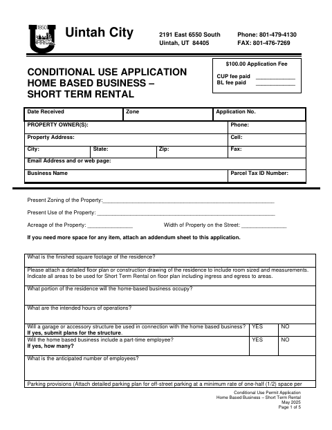 First page of the Conditional Use Permit Application – Home Based Business Short Term Rental