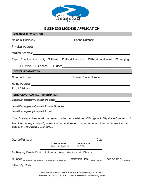 First page of the Business License Application