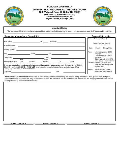 First page of the Open Public Records Act Request Form