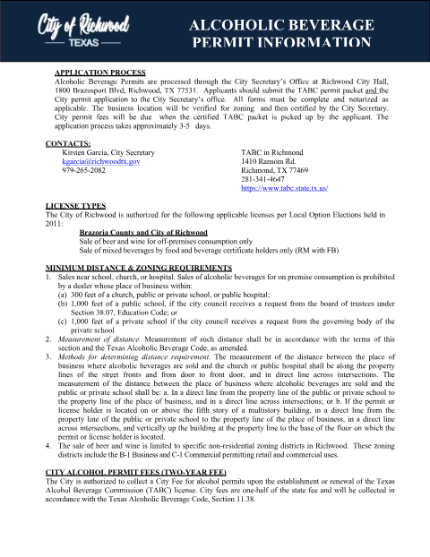 First page of the Alcoholic Beverage Permit Application