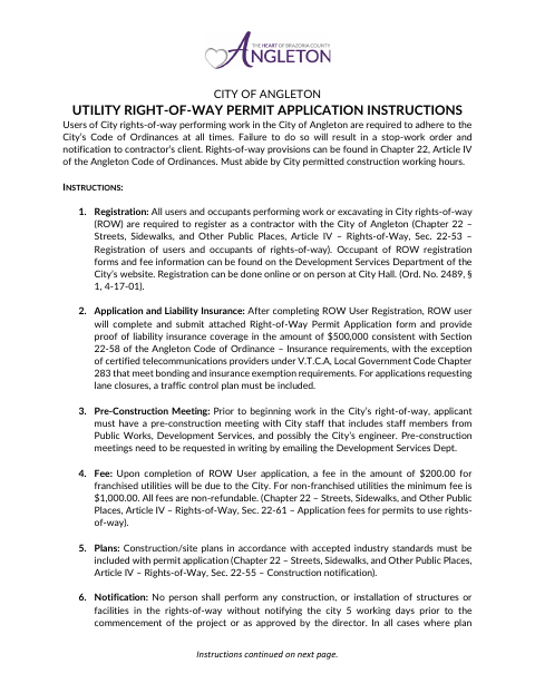 First page of the Utility Right-of-Way Permit Application