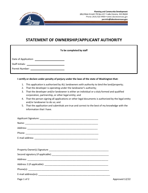 First page of the Statement of Ownership/Applicant Authority