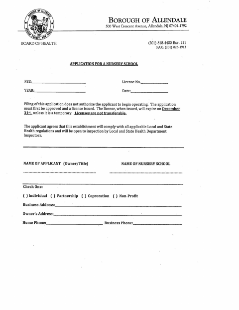 First page of the Nursery School Application