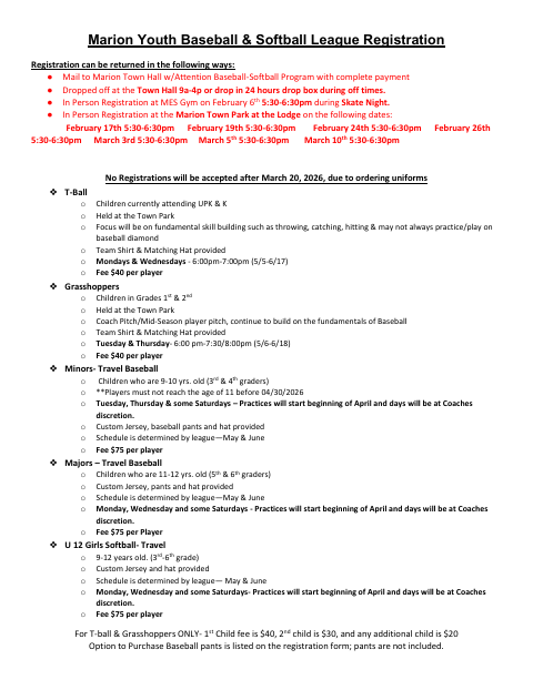 First page of the Marion Youth Baseball & Softball League Registration