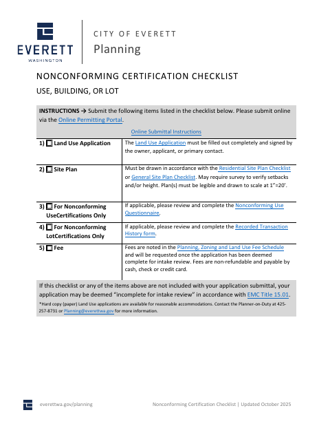 First page of the Nonconforming Certification Checklist