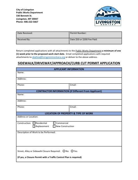 First page of the Sidewalk/Driveway/Approach/Curb Cut Permit Application