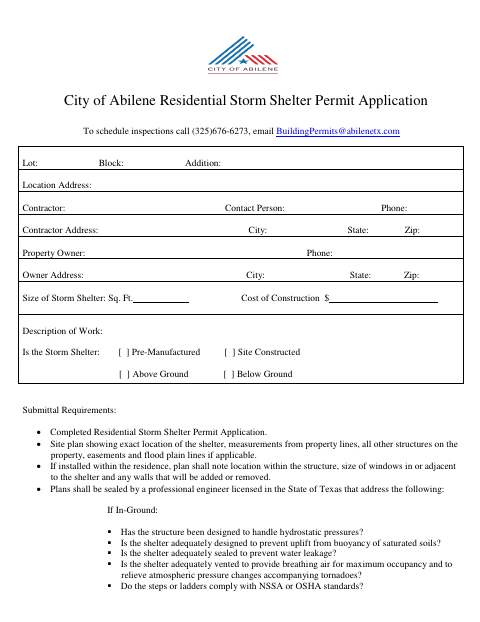 First page of the Residential Storm Shelter Permit Application