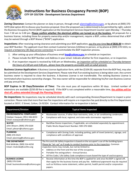 First page of the Business Occupancy Permit Application