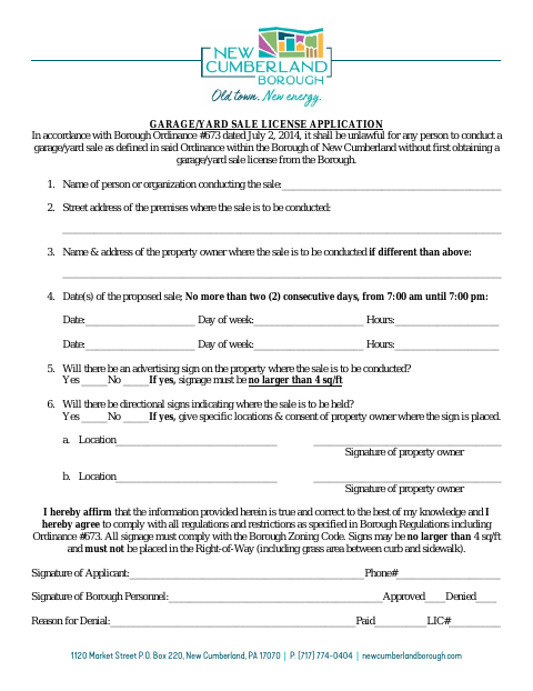 First page of the Garage/Yard Sale License Application