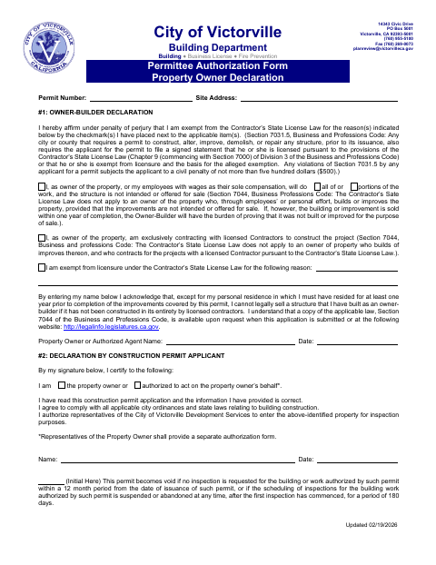 First page of the Permittee Authorization Form Property Owner Declaration