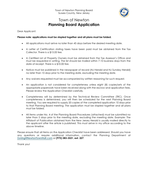 First page of the Planning Board Application
