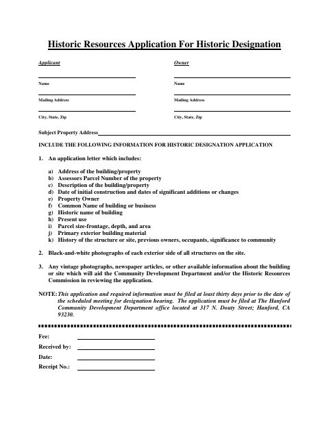 First page of the Historic Designation Application