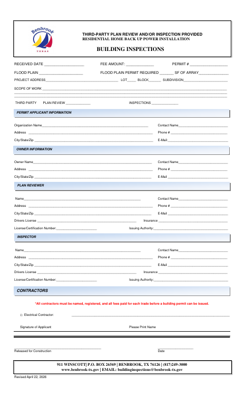 First page of the Residential Home Backup Power Installation Building Inspections Permit Application