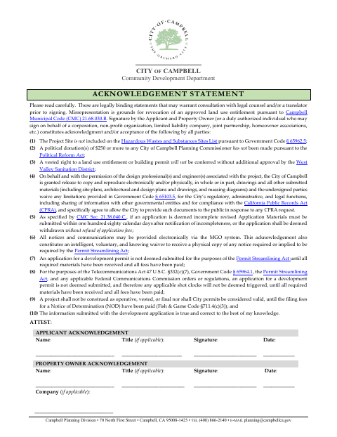 First page of the Planning Acknowledgement Statement
