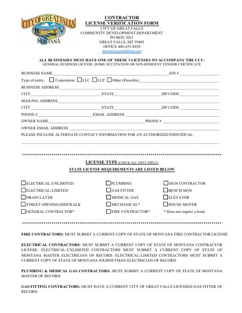 First page of the Contractor License Verification Form