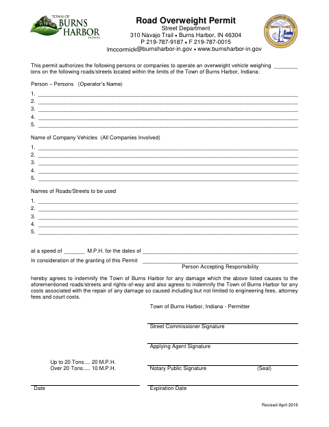 First page of the Road Overweight Permit