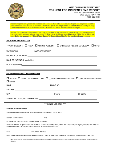 First page of the Request for Incident / EMS Report