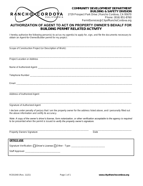 First page of the Authorization of Agent to Act on Property Owner’s Behalf for Building Permit Related Activity