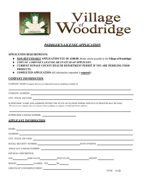 First page of the Peddler’s License Application
