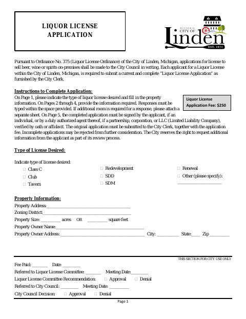 First page of the Liquor License Application