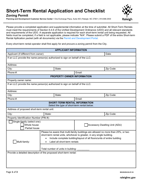 First page of the Short-Term Rental Application and Checklist