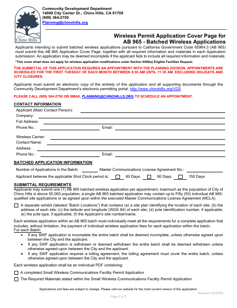 First page of the AB 965 Batched Wireless Application Cover Page