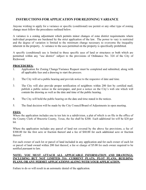 First page of the Application for Rezoning Variance
