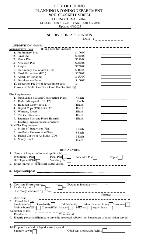 First page of the Subdivision Application