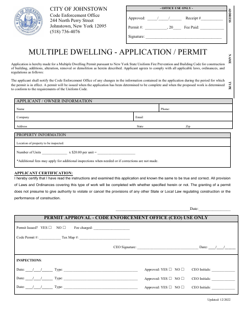 First page of the Multiple Dwelling Application / Permit