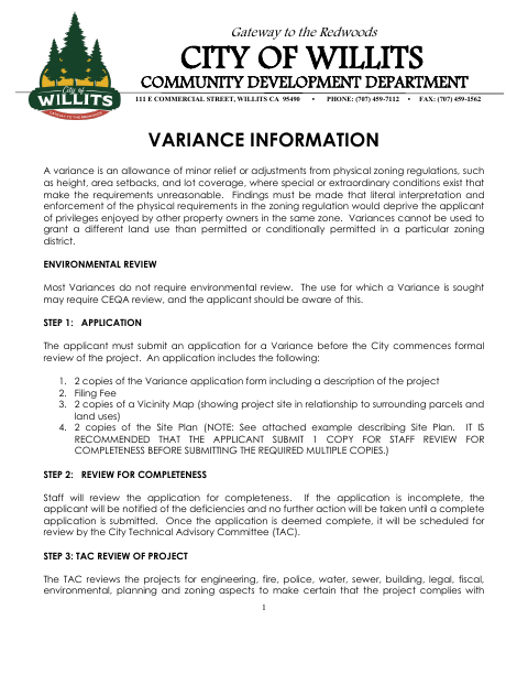 First page of the Variance Application